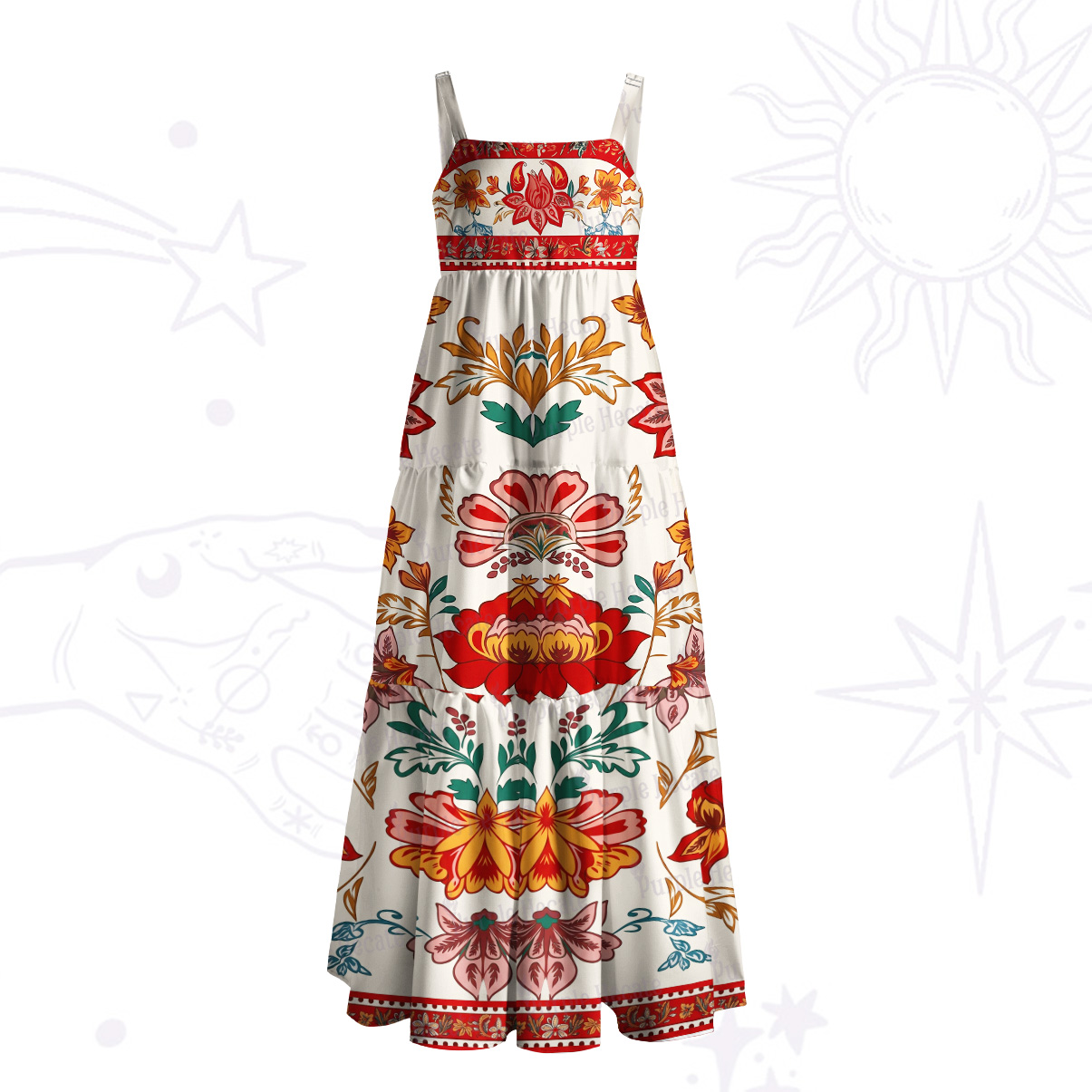 Purplehecate Ethnic Passionate Floral Motif  Wide Straps Maxi Dress