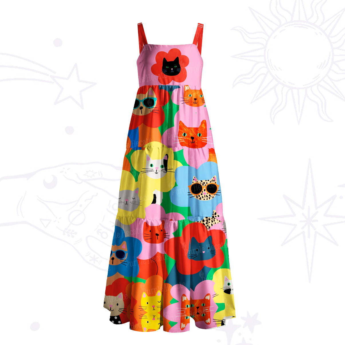 Purplehecate Rainbow Cat Faces Garden Wide Straps Maxi Dress