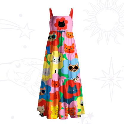 Purplehecate Rainbow Cat Faces Garden Wide Straps Maxi Dress