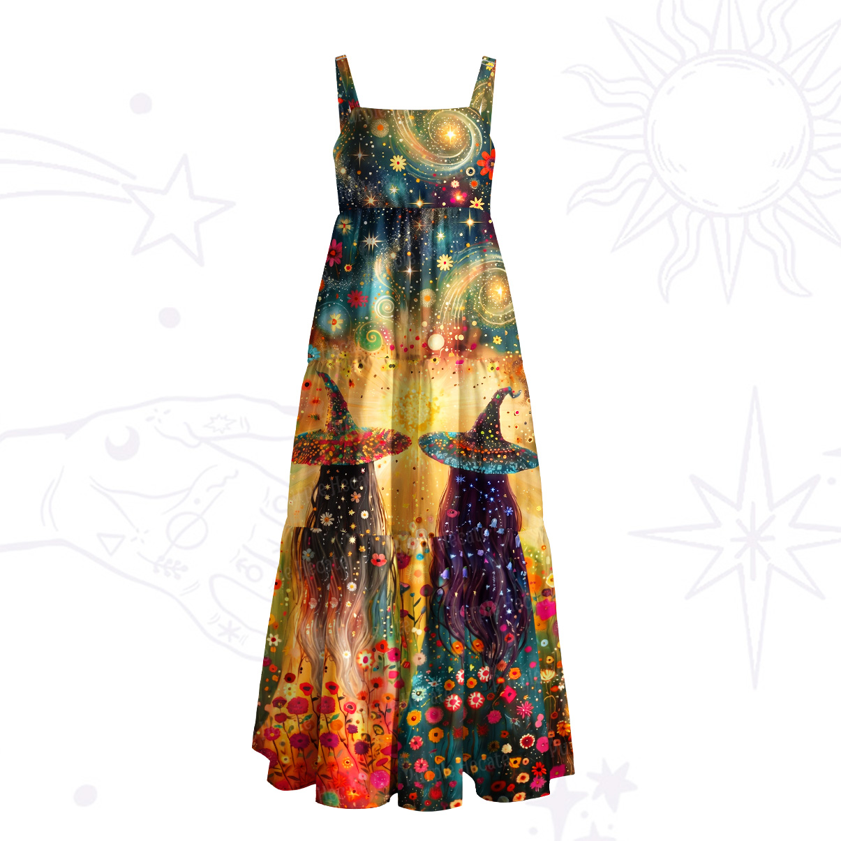 Purplehecate Starlit Flower Field Twin Witches Wide Straps Maxi Dress