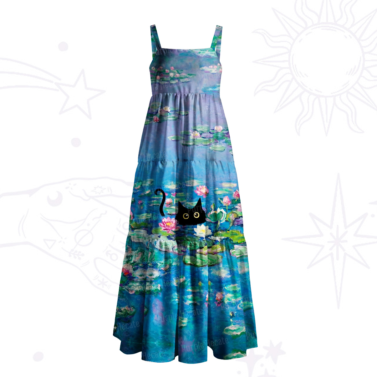 Purplehecate Moonlit Water Lily Mystic Black Cat Wide Straps Maxi Dress