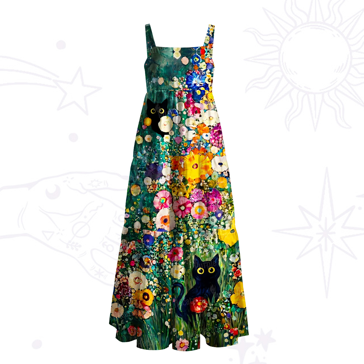 Purplehecate Fluffy Black Cat in Colorful Flower Field Straps Maxi Dress