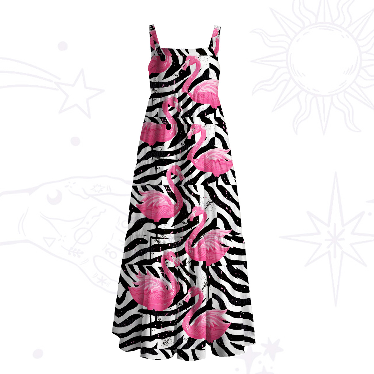 Purplehecate Mystic Pink Flamingo Bird Wide Straps Maxi Dress