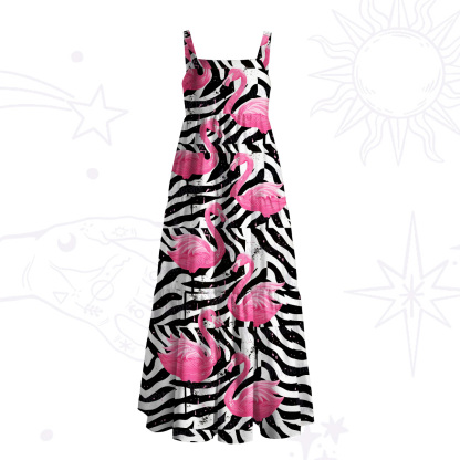 Purplehecate Mystic Pink Flamingo Bird Wide Straps Maxi Dress