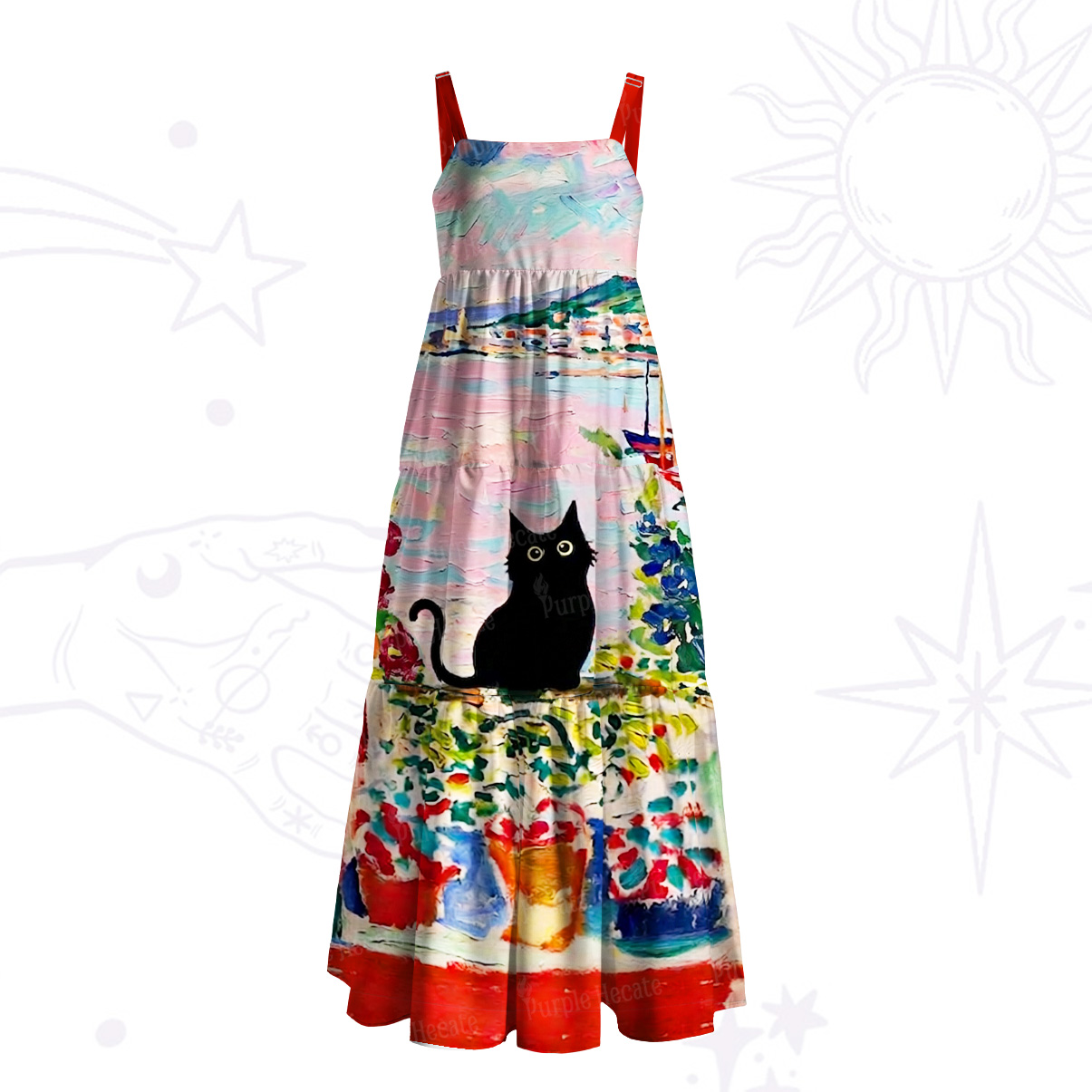 Purplehecate Spring Mystic Black Cat Painting Wide Straps Maxi Dress