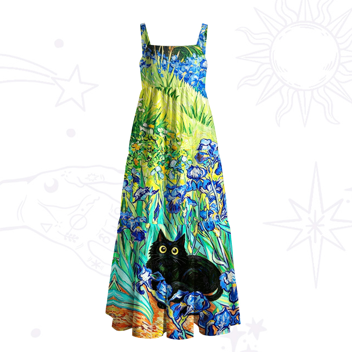Purplehecate Black Cat in the Mystic Iris Garden Wide Straps Maxi Dress