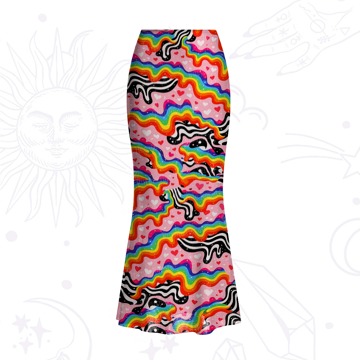 Purplehecate Groovy Melty Rainbow Hearts Wavy Mesh Mermaid Hem Skirt