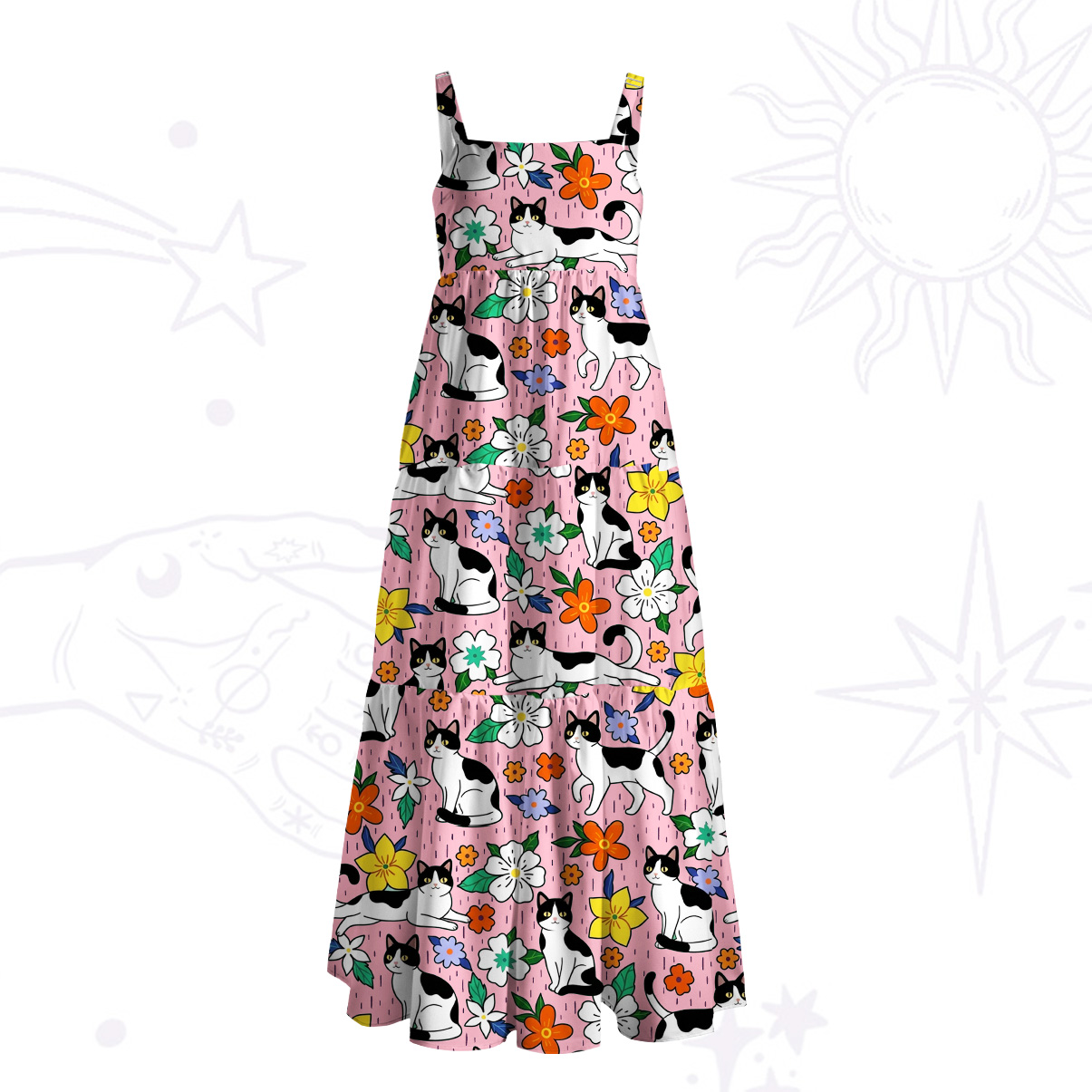 Purplehecate Enchanted Spring Whispering Cat Wide Straps Maxi Dress