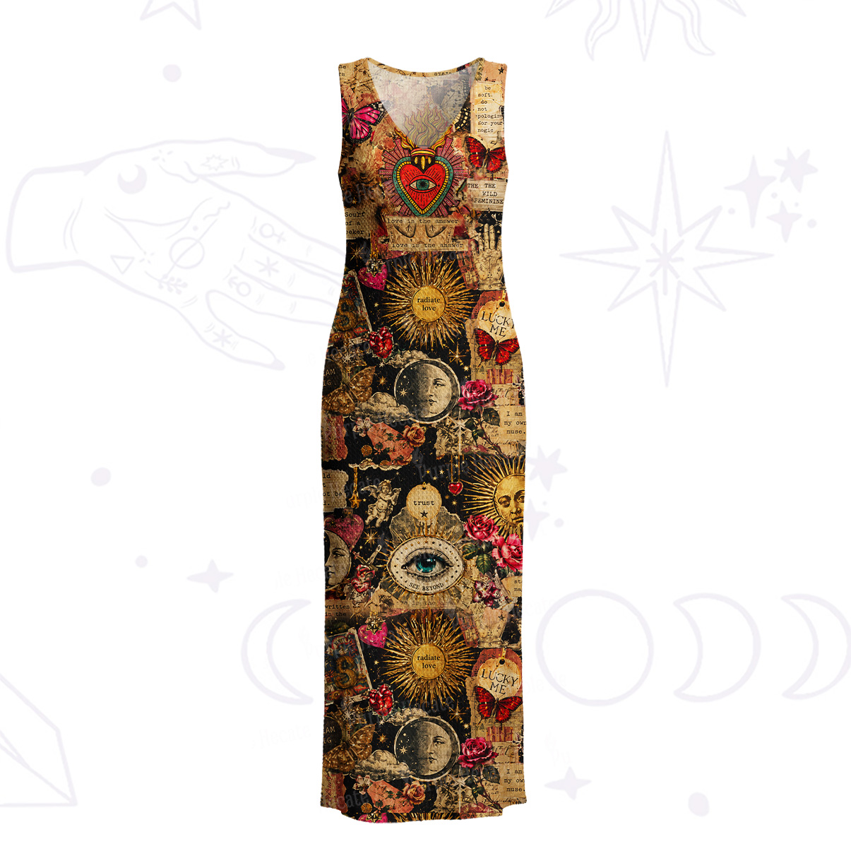 Purplehecate Vintage Celestial Witch Moon Collage Crochet Knit Maxi Dress