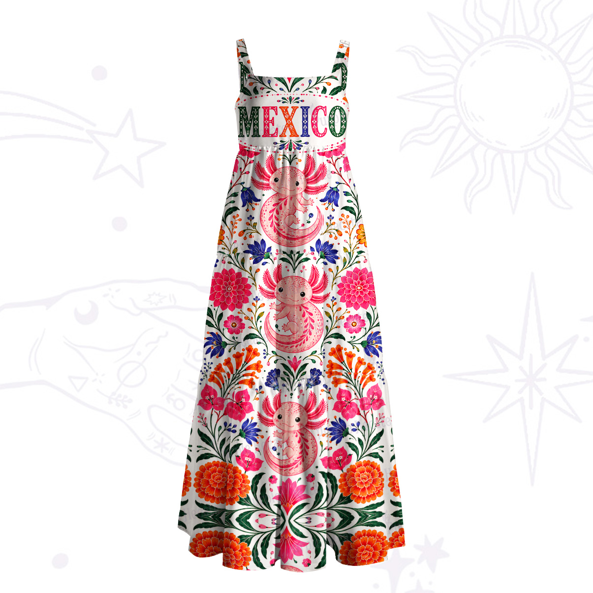 Purplehecate Mexico Pink Axolotl Wide Straps Maxi Dress