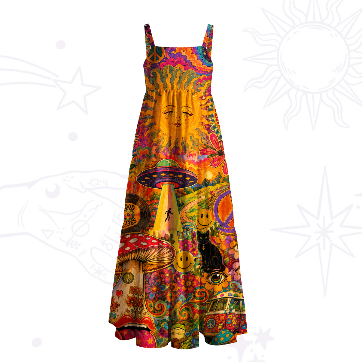 Purplehecate Psychedelic Sun Alien Trip Wide Straps Maxi Dress