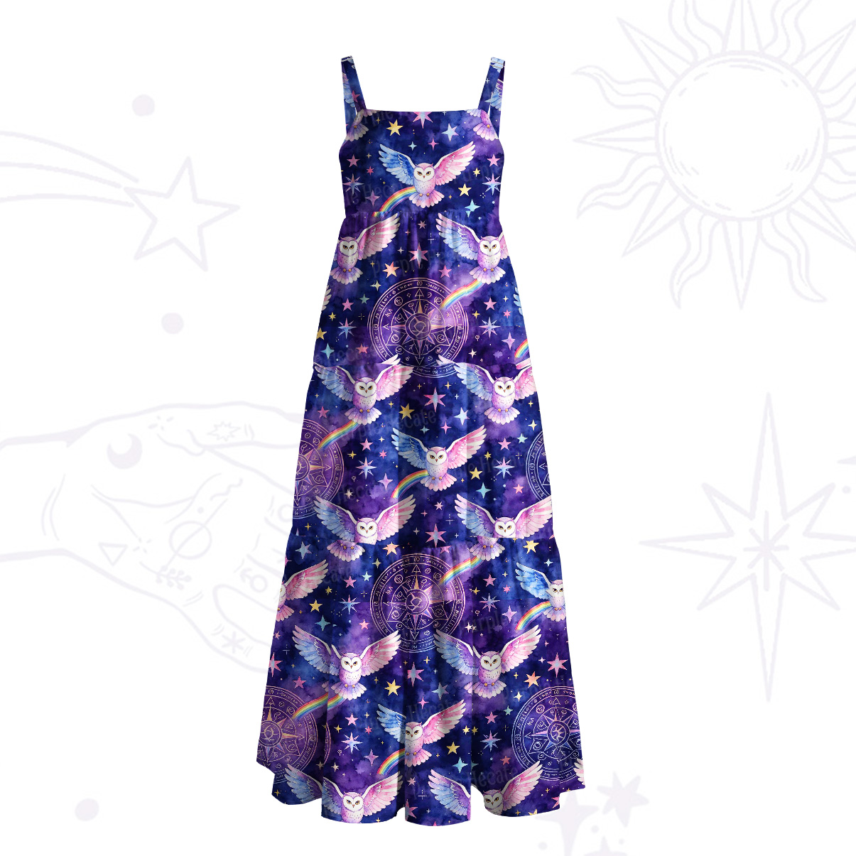 Purplehecate Mystic Owl Starry Night Wide Straps Maxi Dress