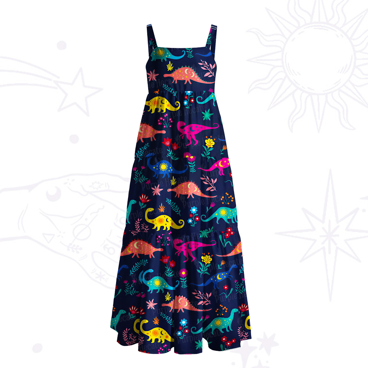 Purplehecate Colorful Dino Playground Wide Straps Maxi Dress