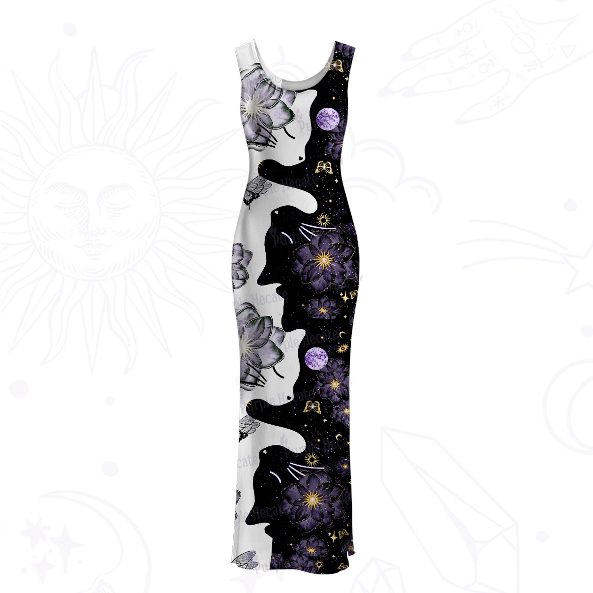 Purplehecate Starlit Cats & Butterflies Mesh Maxi Tank Beach Dress