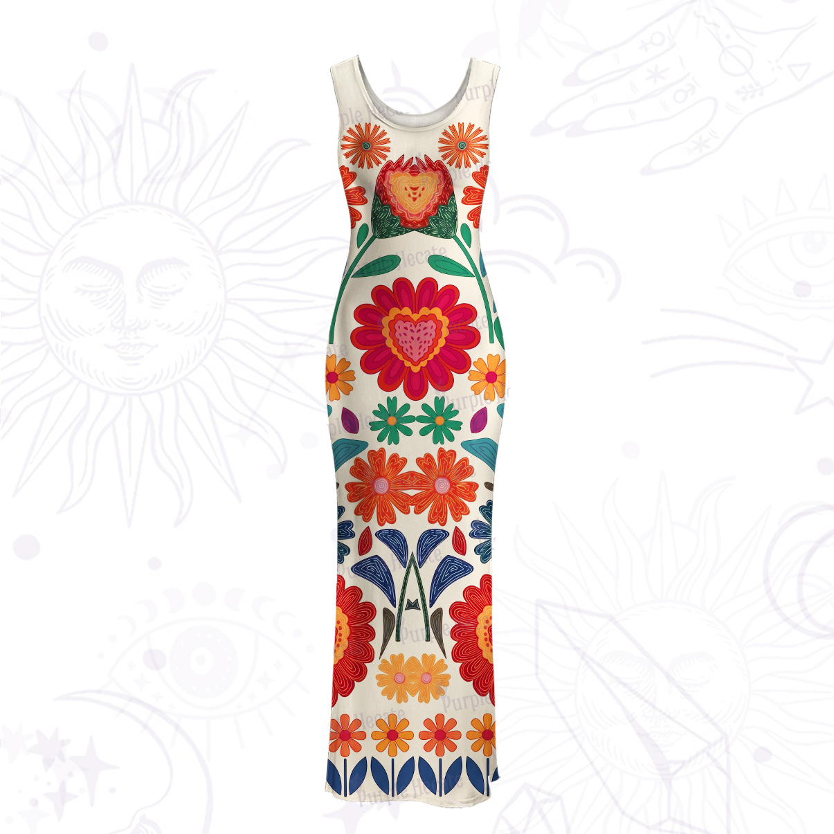 Purplehecate Retro Bloom Folk Floral Mesh Maxi Tank Beach Dress