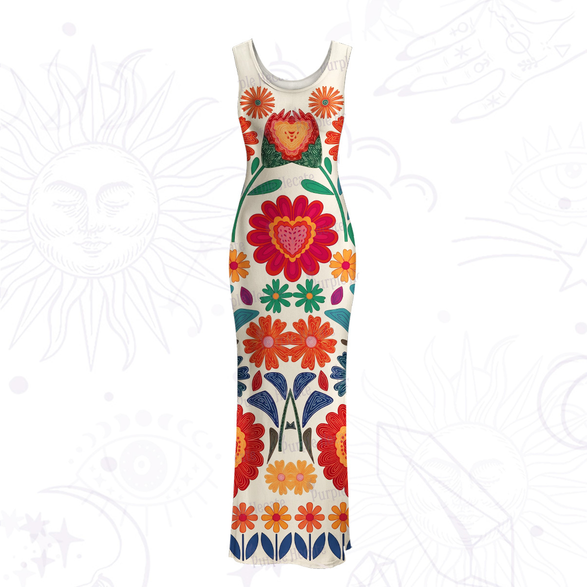 Purplehecate Retro Bloom Folk Floral Mesh Maxi Tank Beach Dress