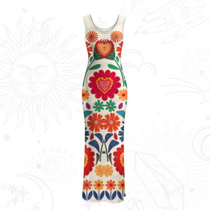 Purplehecate Retro Bloom Folk Floral Mesh Maxi Tank Beach Dress