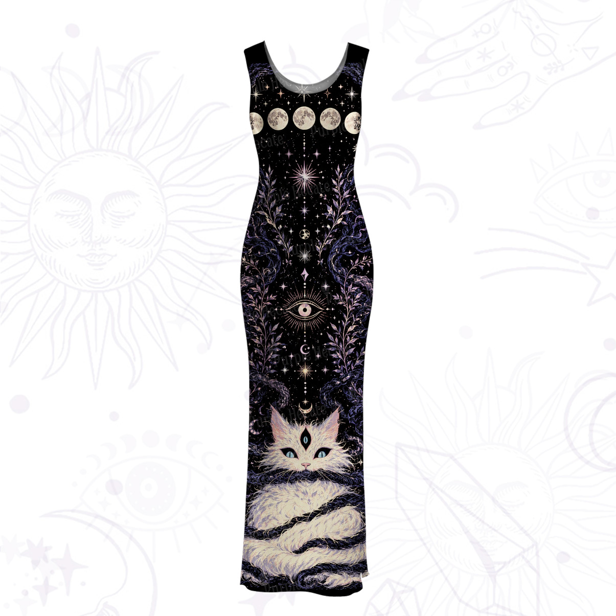 Purplehecate Moon Phase Oracle Cat Mesh Maxi Tank Beach Dress
