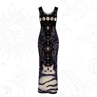Purplehecate Moon Phase Oracle Cat Mesh Maxi Tank Beach Dress