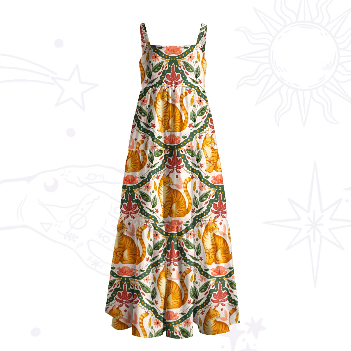 Purplehecate Floral Orange Cat Wide Straps Maxi Dress