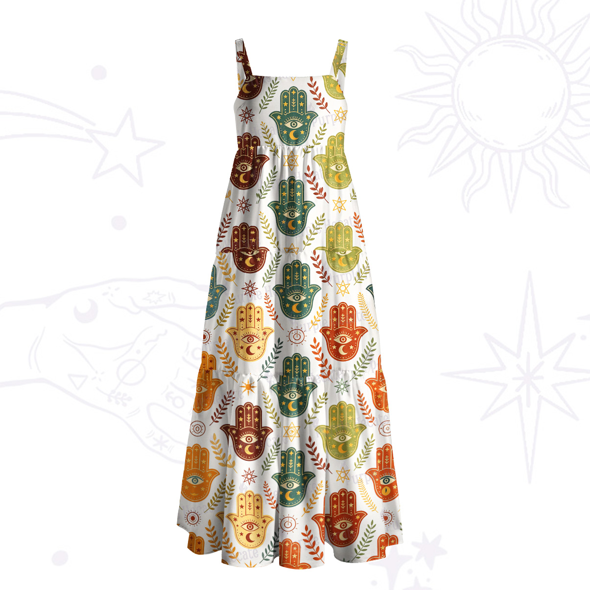 Purplehecate Boho Hamsa Hand Print Wide Straps Maxi Dress