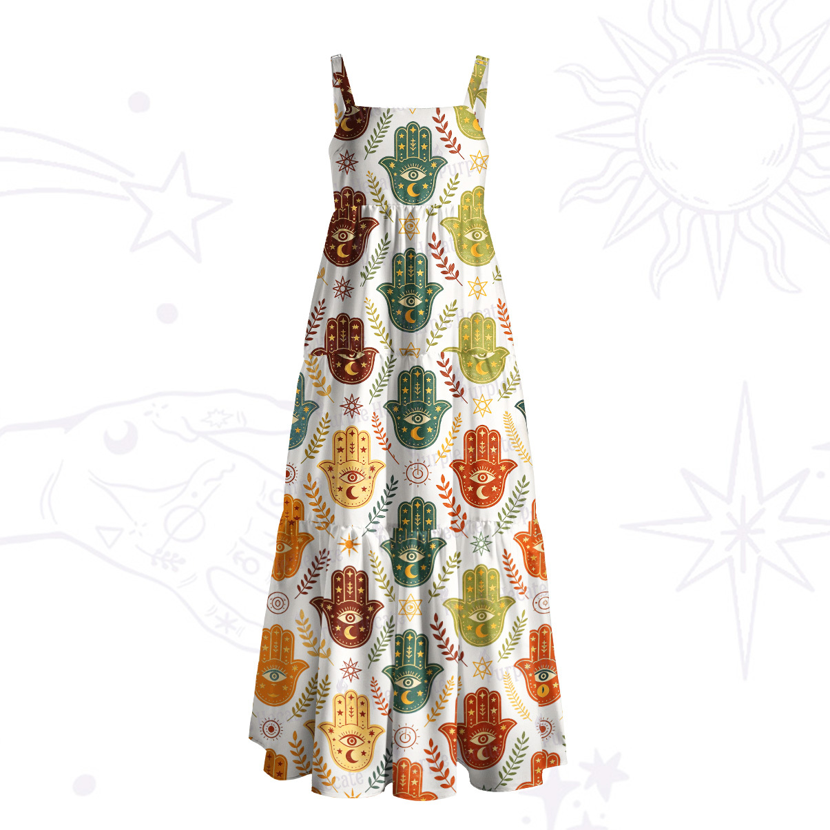 Purplehecate Boho Hamsa Hand Print Wide Straps Maxi Dress