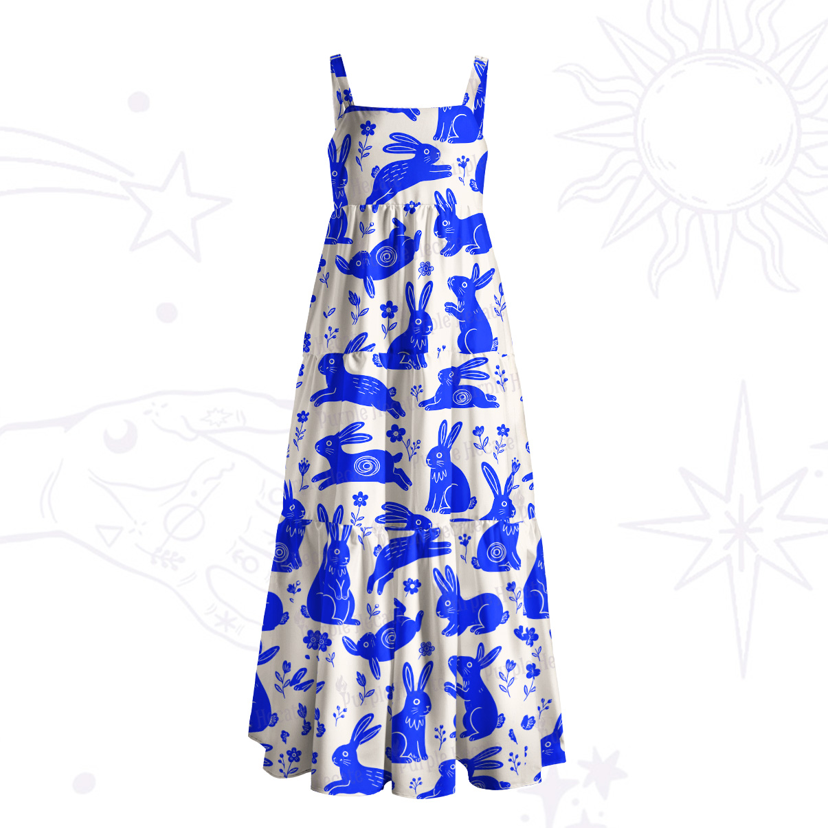 Purplehecate Playful Blue Bunny Wide Straps Maxi Dress
