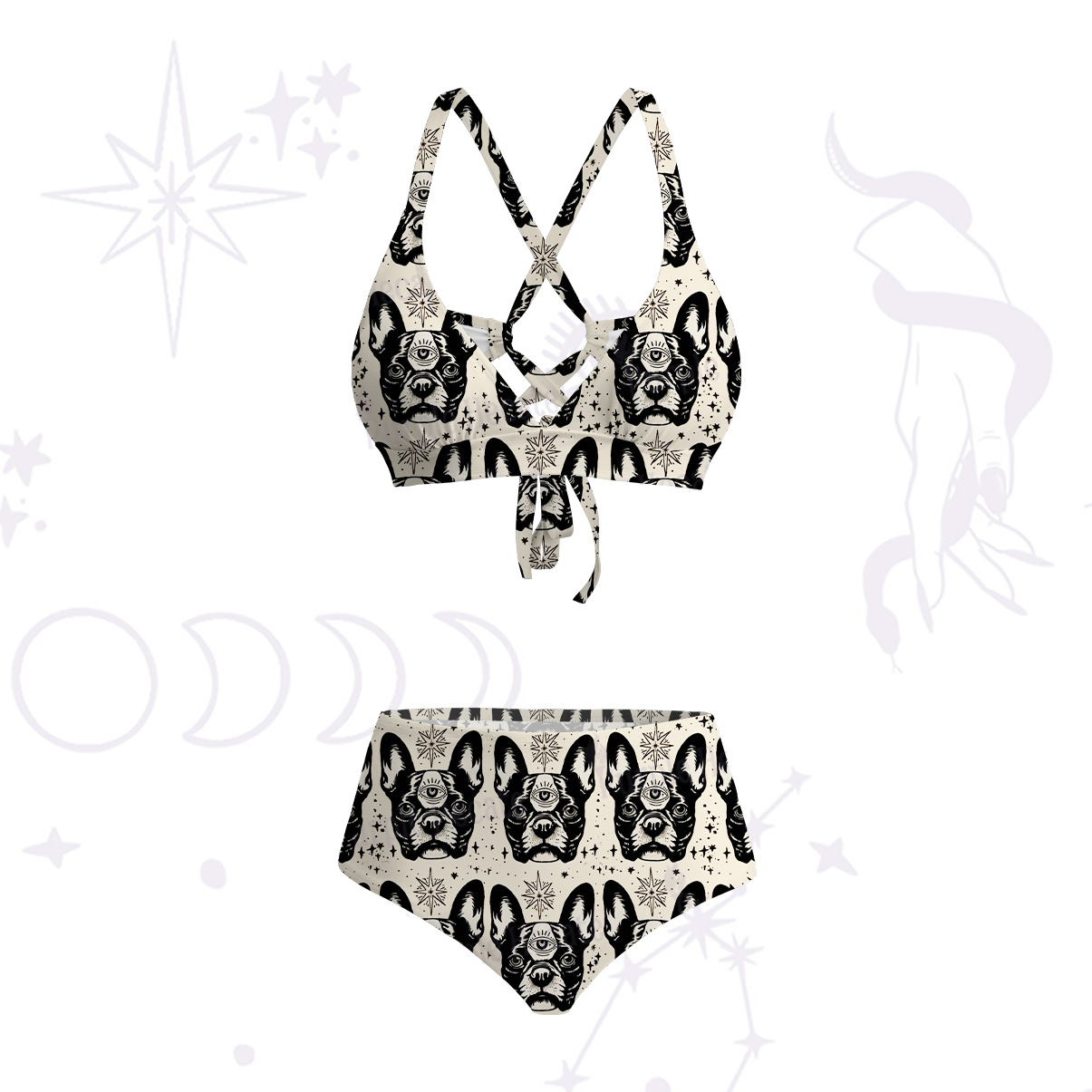Purplehecate Mystic Boston Terrier Crisscross Tie-Back Bikini Set