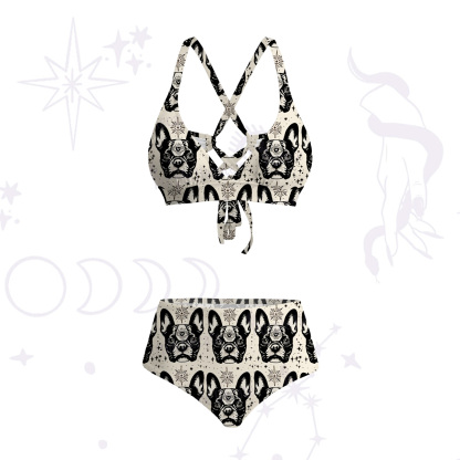 Purplehecate Mystic Boston Terrier Crisscross Tie-Back Bikini Set