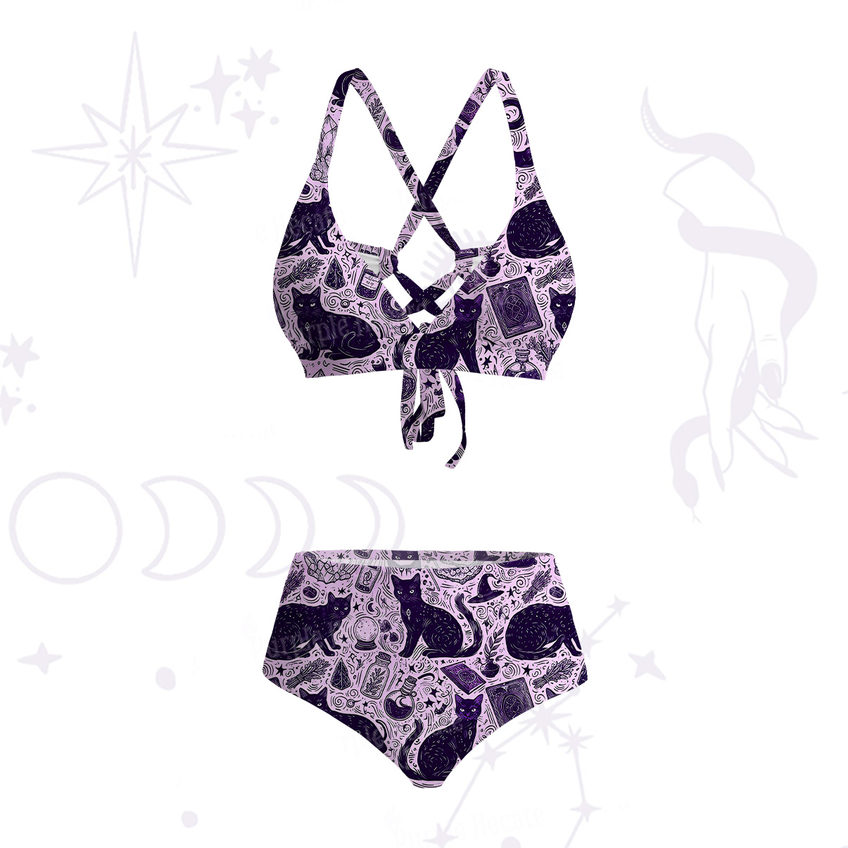 Purplehecate Midnight Black Cat Witch Potion Tie-Back Bikini Set