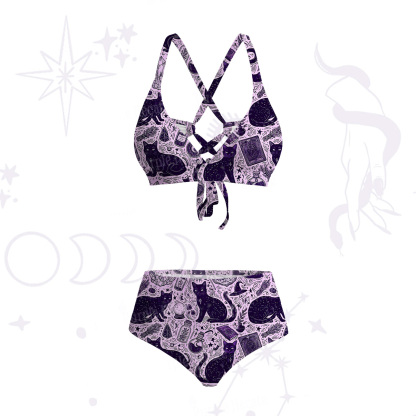Purplehecate Midnight Black Cat Witch Potion Tie-Back Bikini Set