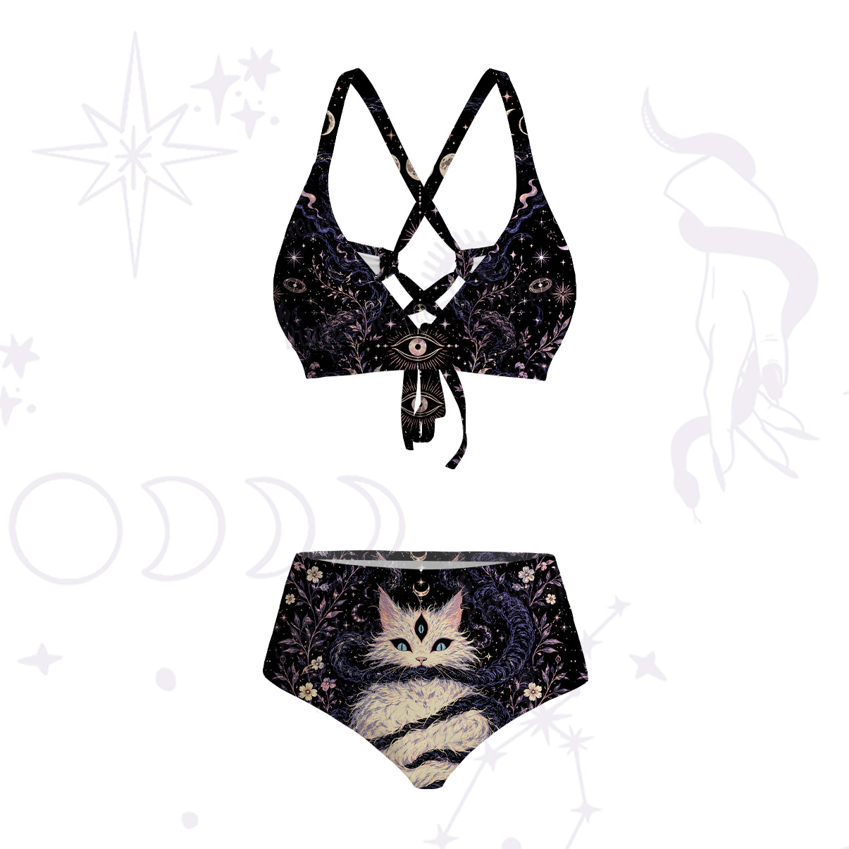 Purplehecate Moon Phase Oracle Cat Tie-Back Bikini Set