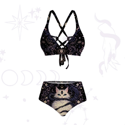 Purplehecate Moon Phase Oracle Cat Tie-Back Bikini Set