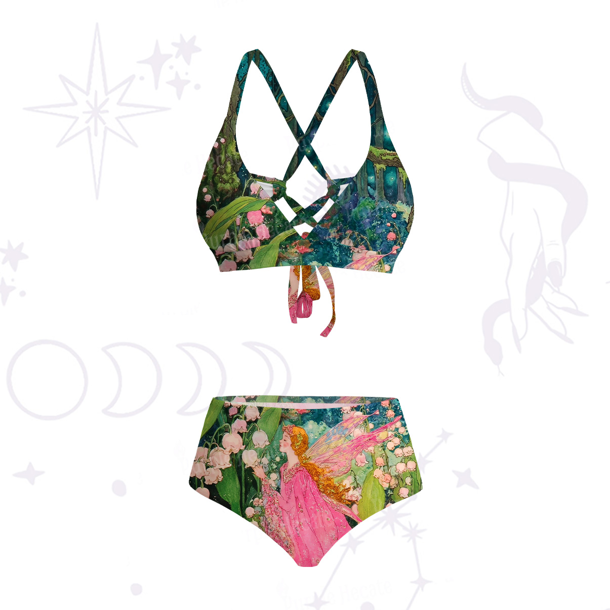 Purplehecate Mystic Secret Lily Fairy Forest Crisscross Tie-Back Bikini Set