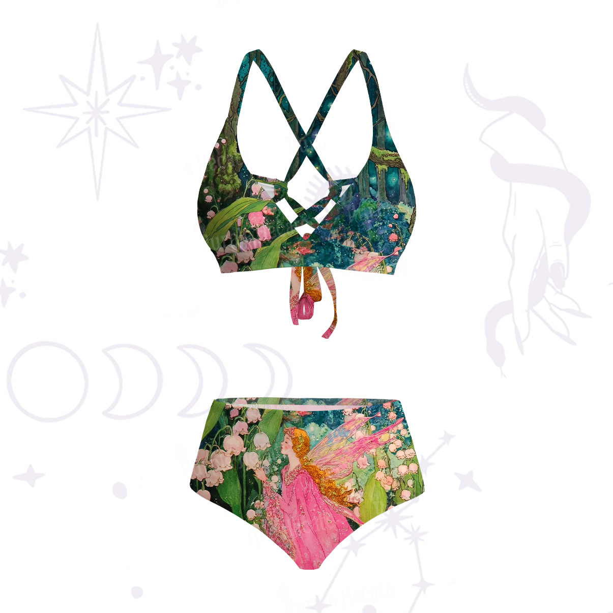 Purplehecate Mystic Secret Lily Fairy Forest Crisscross Tie-Back Bikini Set