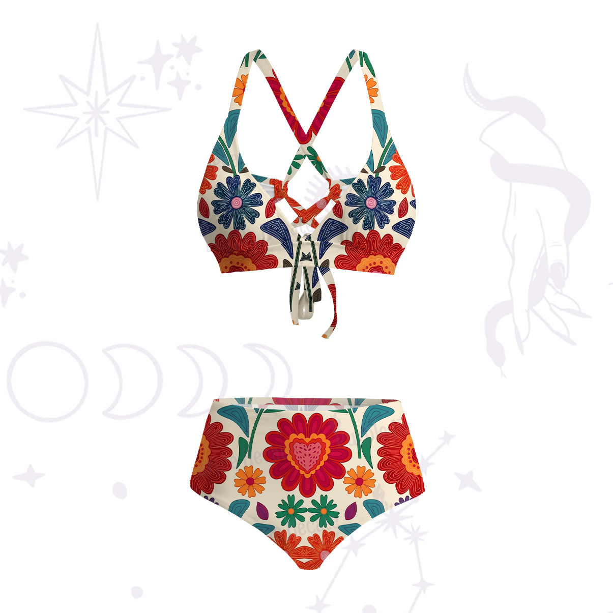 Purplehecate Retro Bloom Folk Floral Crisscross Tie-Back Bikini Set