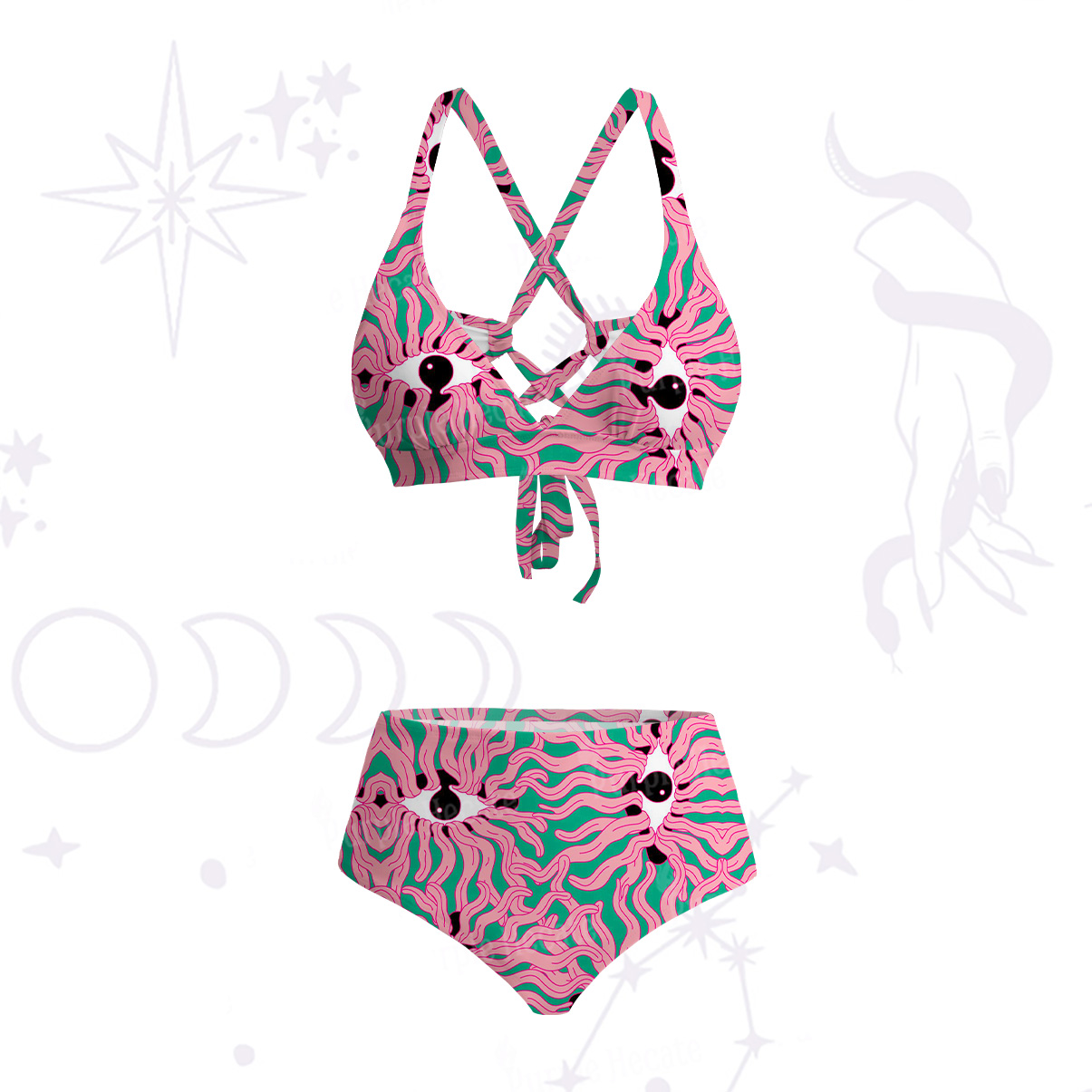 Purplehecate Psychedelic Wave Eyes Crisscross Tie-Back Bikini Set