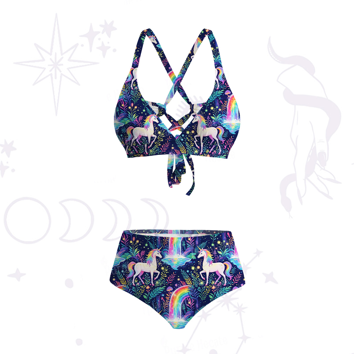Purplehecate Rainbow Forest Unicorn Crisscross Tie-Back Bikini Set