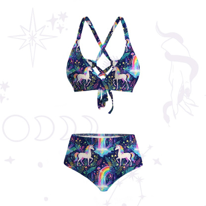 Purplehecate Rainbow Forest Unicorn Crisscross Tie-Back Bikini Set