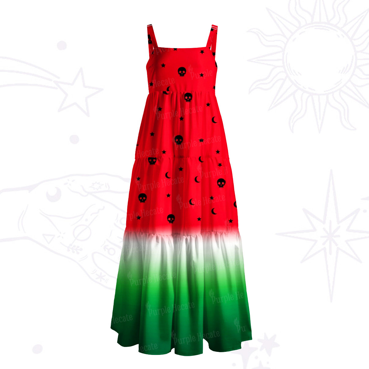 Purplehecate Summer Watermelon Mystic Skull Wide Straps Maxi Dress