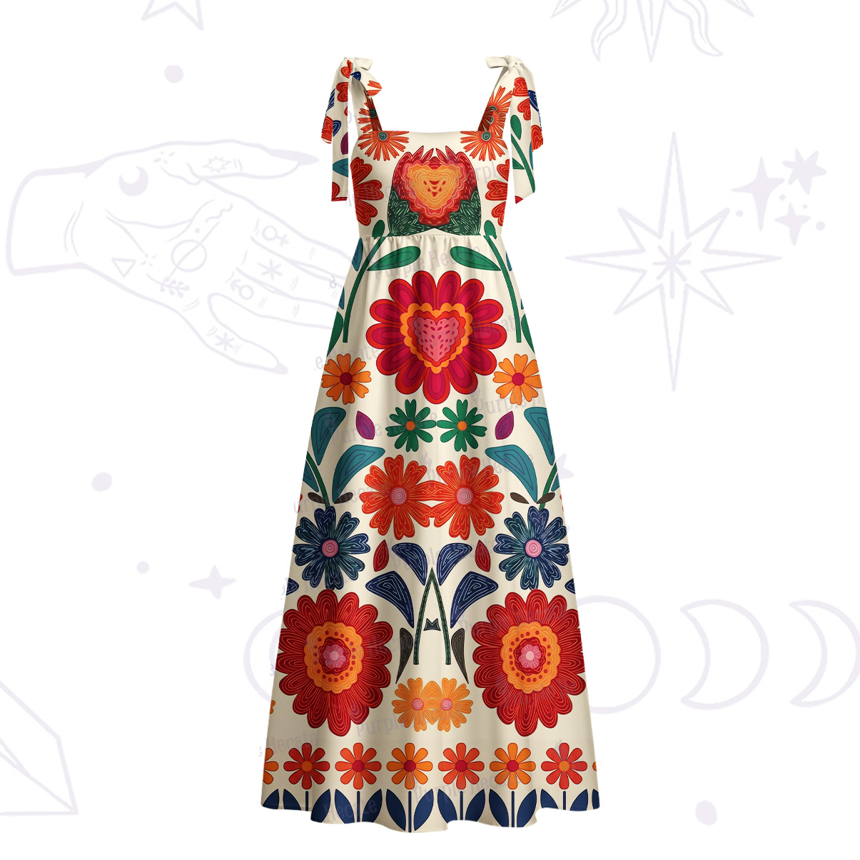 Purplehecate Retro Bloom Folk Floral Tie Shoulder Maxi Dress