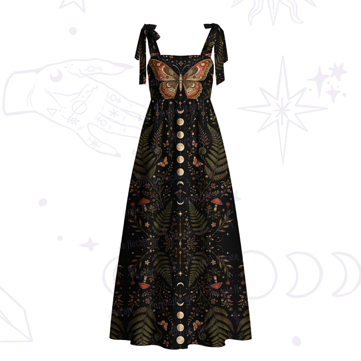 Purplehecate Moon Moth in the Enchanted Forest Tie Shoulder Maxi Dress