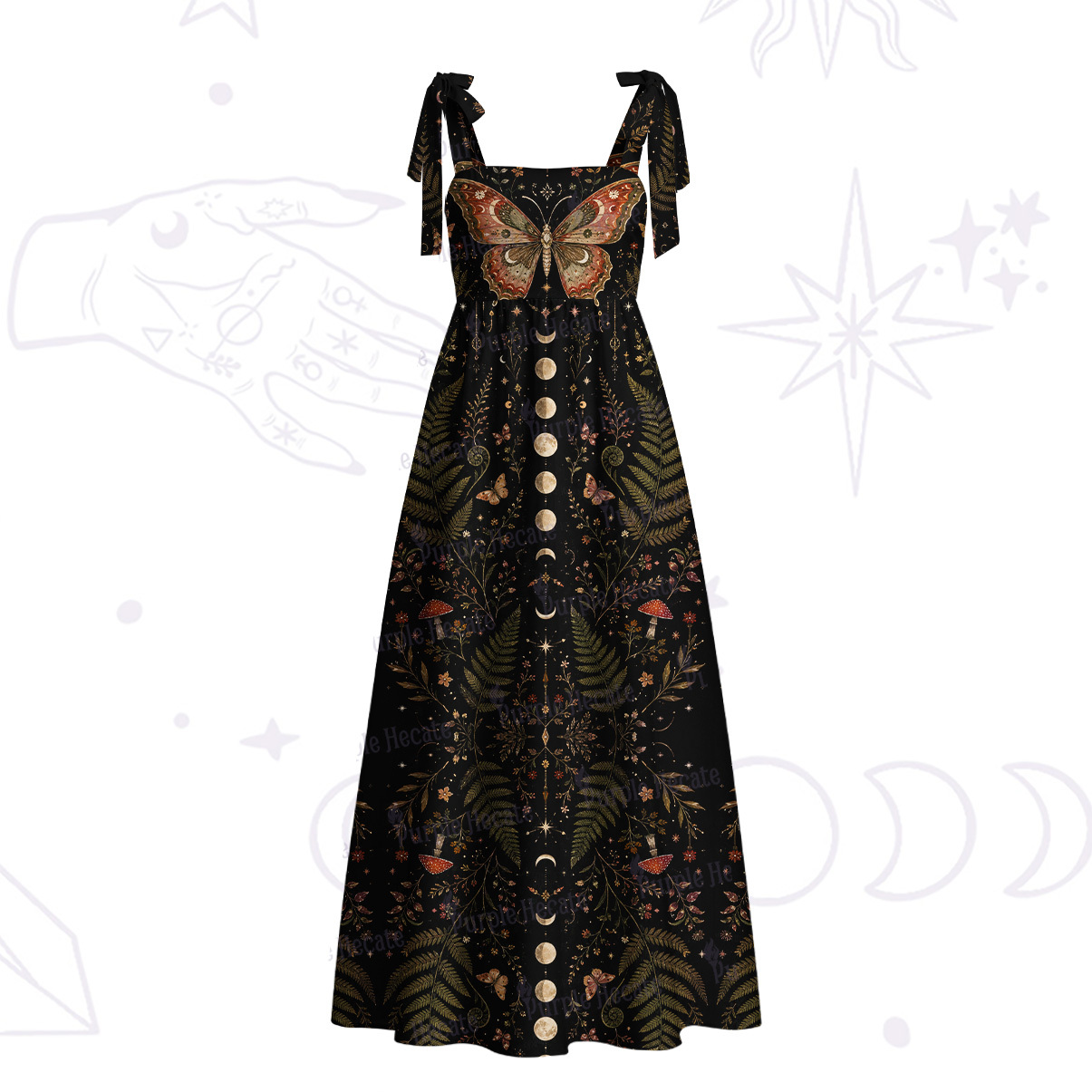 Purplehecate Moon Moth in the Enchanted Forest Tie Shoulder Maxi Dress