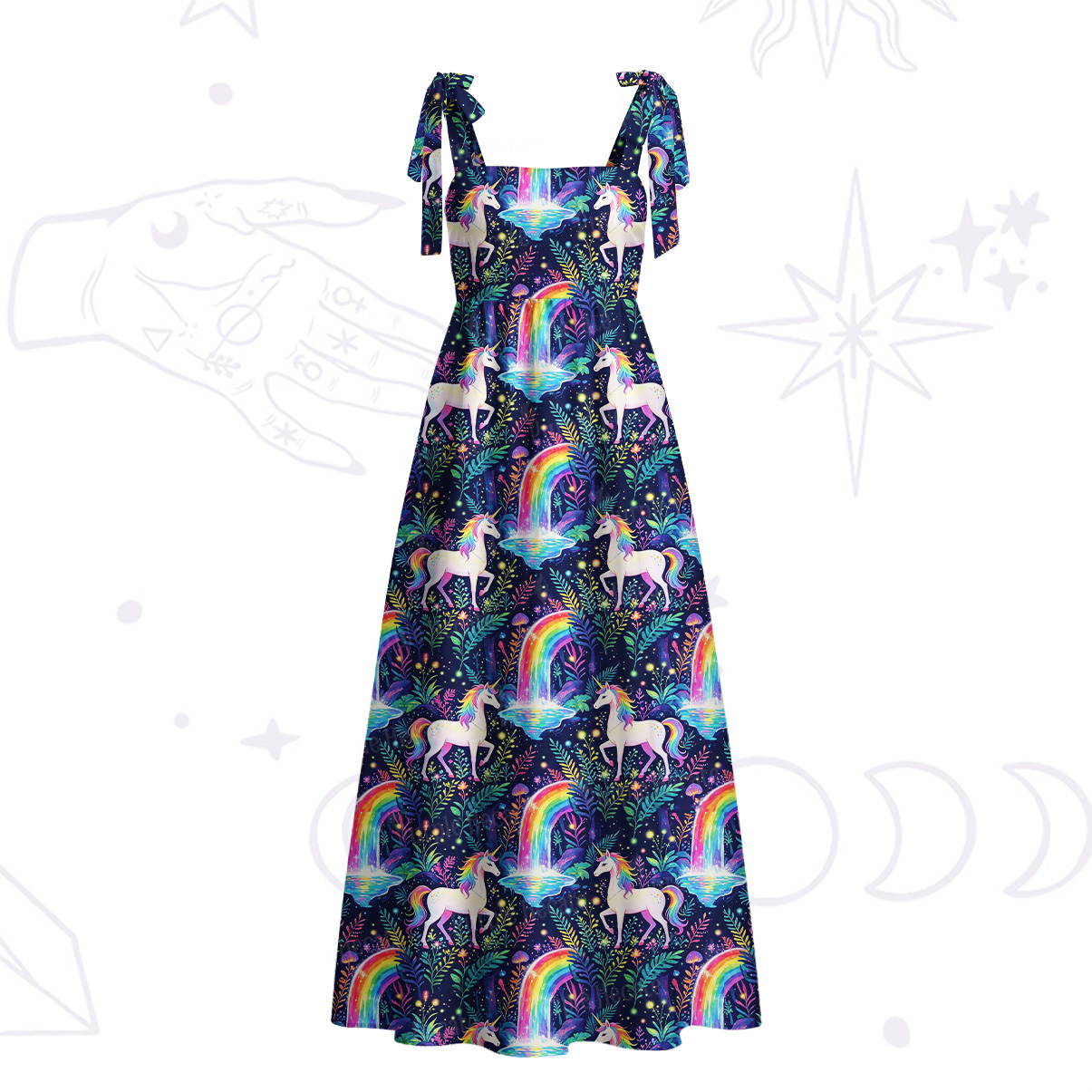 Purplehecate Rainbow Forest Unicorn Tie Shoulder Maxi Dress
