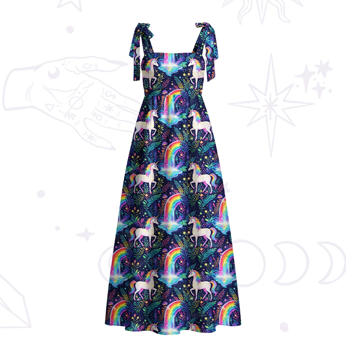 Purplehecate Rainbow Forest Unicorn Tie Shoulder Maxi Dress