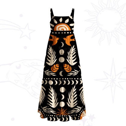 Purplehecate Tribal Mystic Bird Sun Moon Wide Straps Maxi Dress