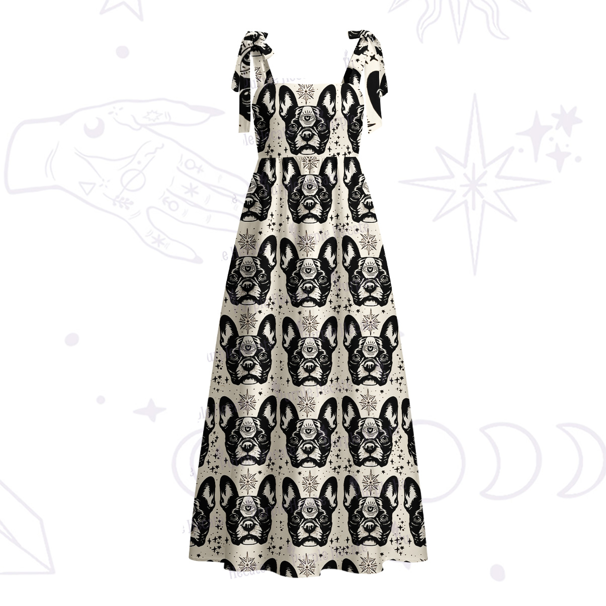 Purplehecate Mystic Boston Terrier Tie Shoulder Maxi Dress