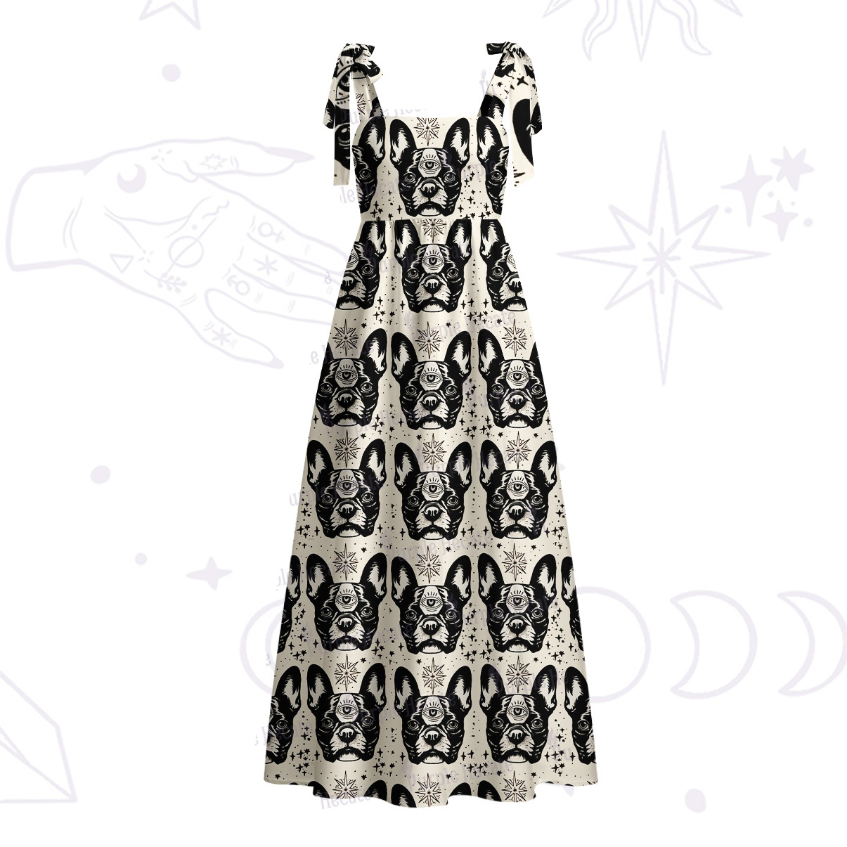 Purplehecate Mystic Boston Terrier Tie Shoulder Maxi Dress