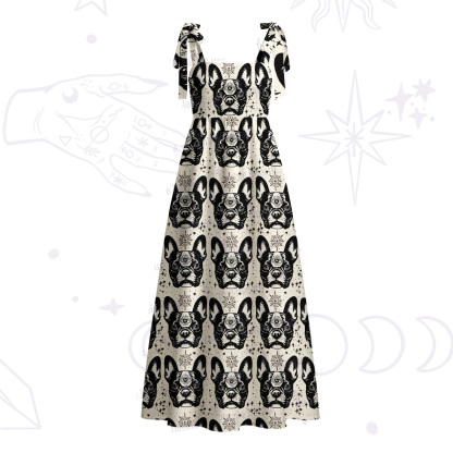 Purplehecate Mystic Boston Terrier Tie Shoulder Maxi Dress