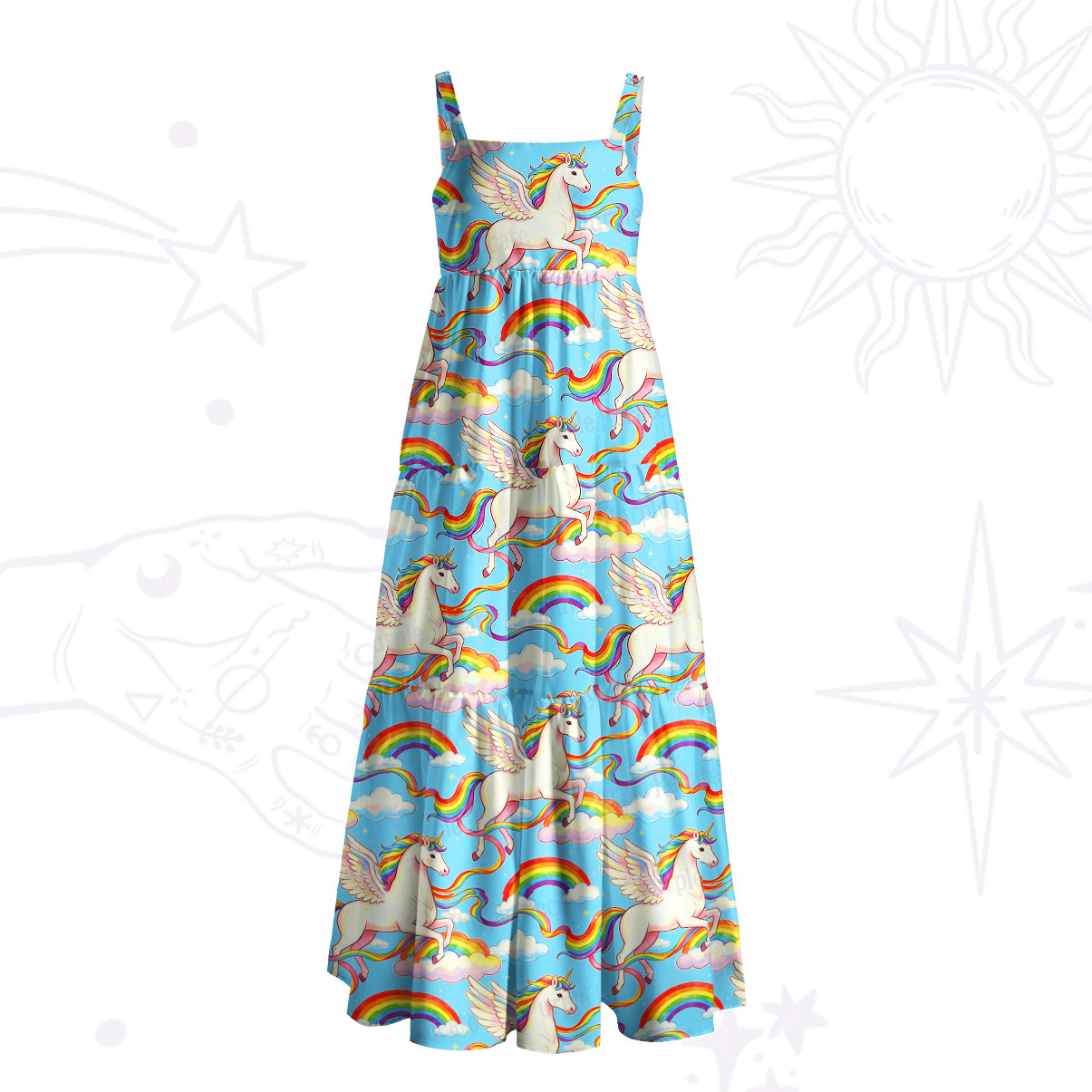 Purplehecate Fantasy Unicorn Cloud Print Wide Straps Maxi Dress